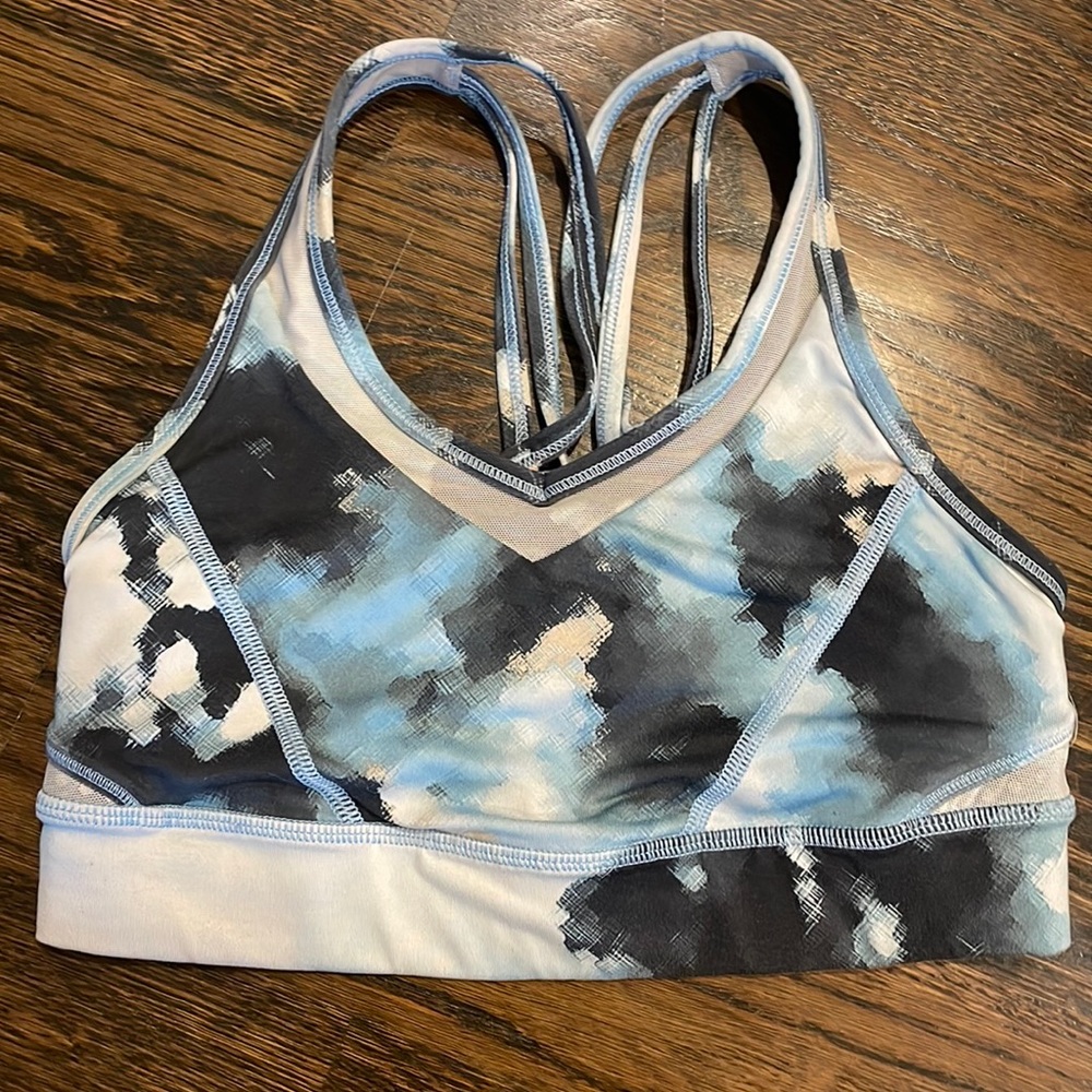 Blue patterned LuluLemon sports bra
